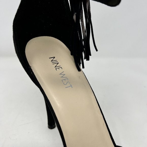 Nine West Ammazo Black Faux Suede Ankle Strap Fringe Accent 4” Heels Size 10M - Picture 8 of 13
